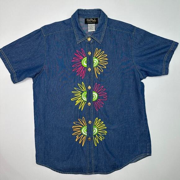 Bob Mackie Tops - Bob Mackie Wearable Art Floral Embroidered Denim Shirt